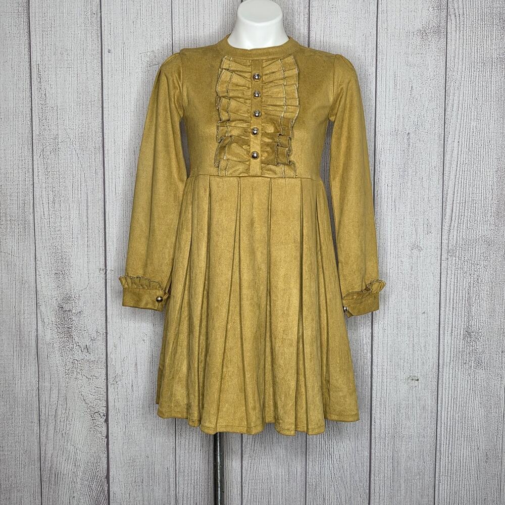 Y2K Innocence Mustard Mini Dress 60s 70s Retro Mod Ruffle Bib Pleated